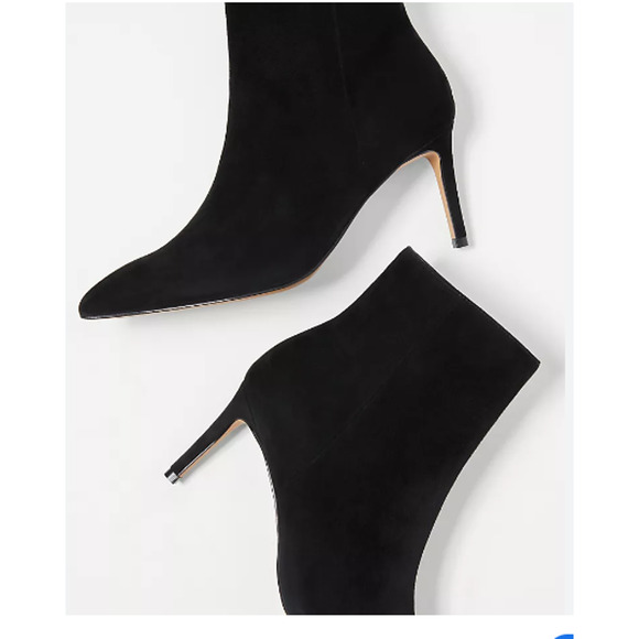 NWOB Ann Taylor Straight Stiletto Heel Suede Booties Black Gold Zip 8.5 - Picture 5 of 7